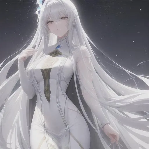 Prompt:  a heavenly female character as a celestial ambassador who possesses great beauty and influence. Her hair is long and white as snow, and her appearance is unique, standing out from the natural beauty we are accustomed to. Her skin is as pure as snow and she has a mysterious aura that is shrouded in secrecy. She wears a long black and white dress that exudes elegance and luxury, yet still embodies her celestial nature. green eyes, which enhance her beauty and individuality.