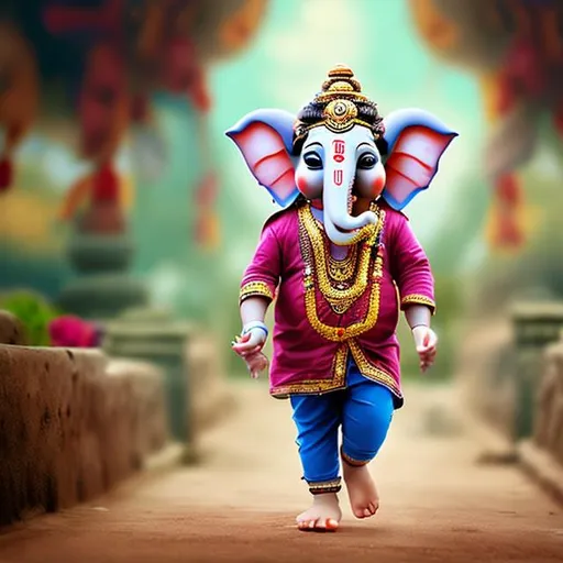 Prompt: human child with bal ganesha face walking with mouse