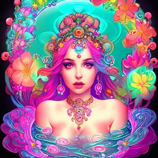 Prompt: Goddess, bubbles, bare top, huge full lips, color, flowers, ornate, intricate, flowing, neon, led, fractals