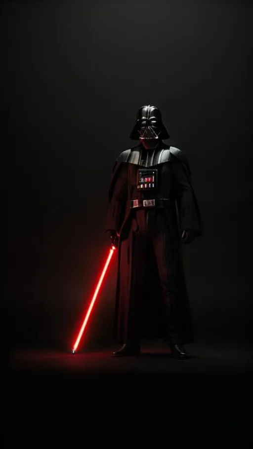 Prompt: Darth Vader standing with red lightsaber ominous red lighting on black background 
