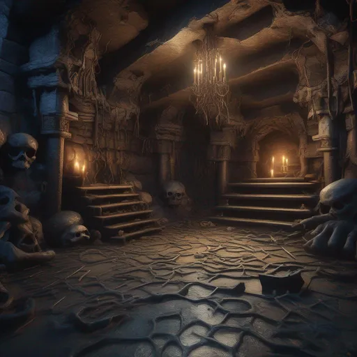 Prompt: In Image, Create a highly detailed, ultra high definition, photo-realistic, intricately detailed textures, image of a dungeon with many bones on the floor, dark features, cave. Full body, centered, fantasy setting, character concept, cinematic, colorful background, concept art, dramatic lighting, highly detailed, hyper realistic, intricate sharp details, octane render, smooth, ultra studio lighting, perfect shading and shadows, trending on art station, 64k, HDR, unreal engine, emotive, cgi, animated, character art, iridescent, metallic.
