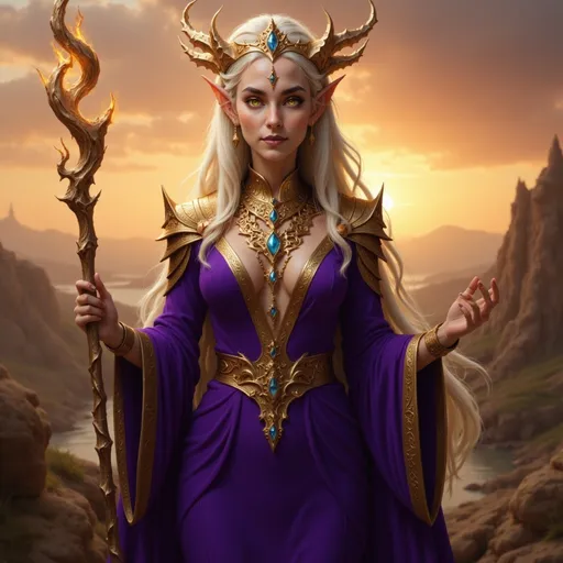 Prompt:  @VITLFRBSebJkkO8huw5E purple clothes, large crown, lots of jewelry, sunset, staff, magic swirling
