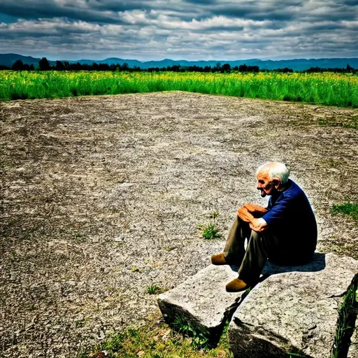 Prompt: An old man sitting on a slab of stone in the middle of a field