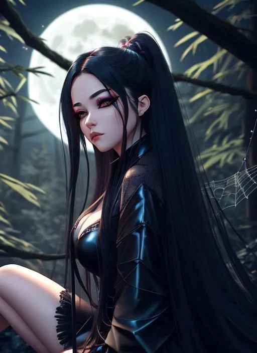 Prompt: Beautiful half-girl, half-spider creature with long hair sitting on a web in a dark forest.  she wears Seductive dark outfitt. Use a dark color palette and add a full moon in the background, Artgerm, CryEngine, Octane Render, 8k, symmetrical face, accurate anatomy ultra detailed face, very ((Masterpiece)), Generate a unique and visually stunning eye design, create an eye that is both aesthetically pleasing and distinctive. Use colors, textures, and lighting effects to create an eye design that captures the viewer's attention and imagination, Improve realism of eyes