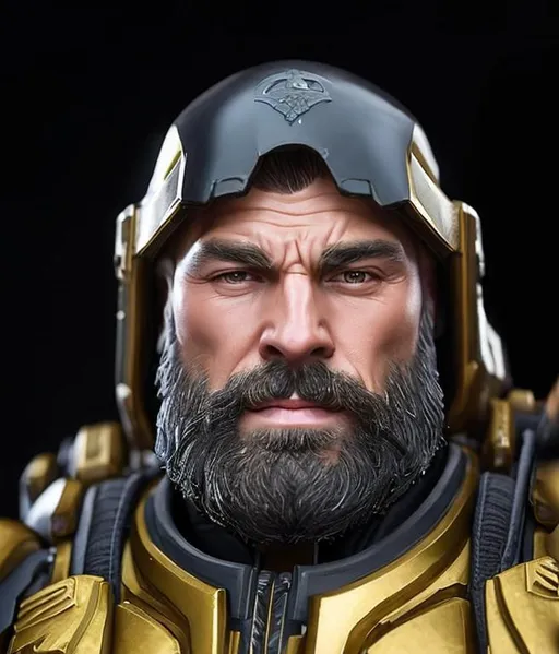 Prompt: there is a man with beard and hood and a futuristic yellow armor, Unreal 5. rpg portrait, heavy appearance, Extremely detailed face, Marine space portrait, extremely detailed face and body, Highly detailed character, subsurface scattering skin, hyperdetailed futuristic character , photo of a space marine, Portrait of a male hydromancer, Portrait of an orca