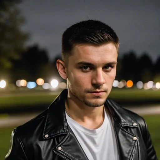Prompt: ukrainian man staring at you, he is wearing a black leather jacket, its night in the background and its at a park