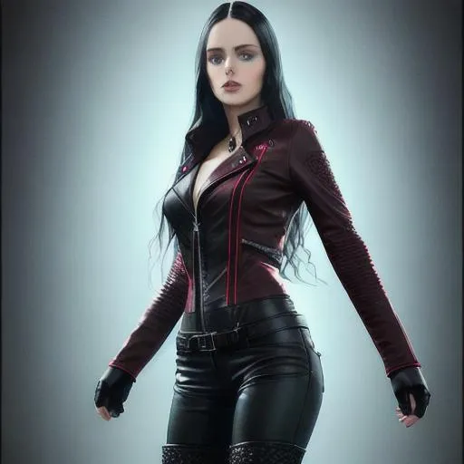 Prompt: young woman, long wavy black hair, light blue eyes, berry lipstick, red leather jacket, black body suit, black pants, knee-high black boots, 3D, fine-tuned, hyper-realistic, intricately detailed, detailed face, 16K, realistic, movie poster, chest