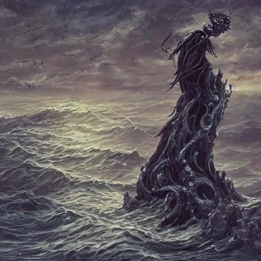 Prompt: As an oil painting in high resolution, create a cover for the tale of Lovecraft's short story, "Dagon". Size: 1280 pixels by 720 pixels.


