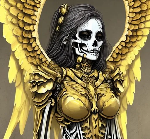 Prompt:  skeleton angel 😇 woman wear yellow and black full set armor 