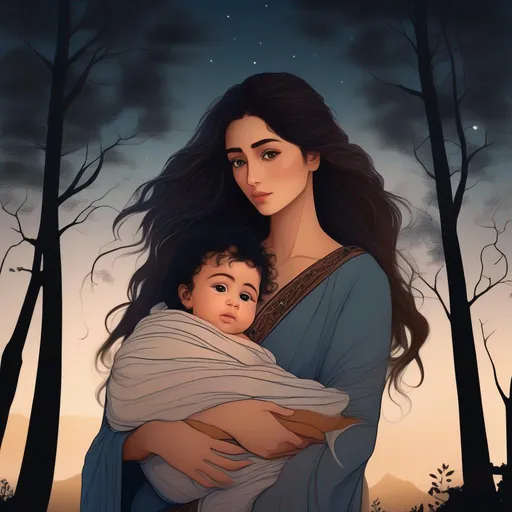 Prompt: highest quality anime art masterpiece, digital drawing, Azerbaijani woman with long black thick wavy messy hair:vistani, carrying a hairless newborn baby boy in her arms, round face, broad cheeks, sad in a forest on a dark foggy night, big brown eyes, tanned skin:2, waxing moon, huge long wide broad hooked greek aquiline algerian oriental arabic nose, flat chest, ethereal, jewelry set, highres, realistic, highly detailed, fantasy, gypsy, roma, D&D, Ravenloft, by Ilya Kuvshinov