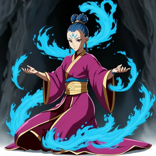 Prompt: Avatar the last airbender. Magenta robe with gold accents. Top knot. Blue fire