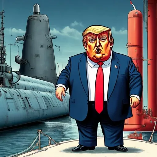 Prompt: Cute, obese Spy Trump in front of a nuclear submarine in drydock, dark-blue suit, too long red tie, u-boat scene, muted gloomy colored, Sergio Aragonés MAD Magazine cartoon style