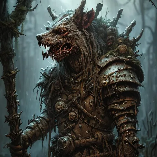 Prompt: gnoll zombie shaman, wooden armor, living armor, fungi, rotting, waiting, alone, moss, digitigrade, standing, D&D, fantasy, cinematic lighting, highly detailed, digital painting, artstation, concept art, smooth, sharp focus, illustration, volumetric lighting, epic Composition, 8k, art by Akihiko Yoshida and Greg Rutkowski and Craig Mullins, oil painting, cgsociety, distant, lonely