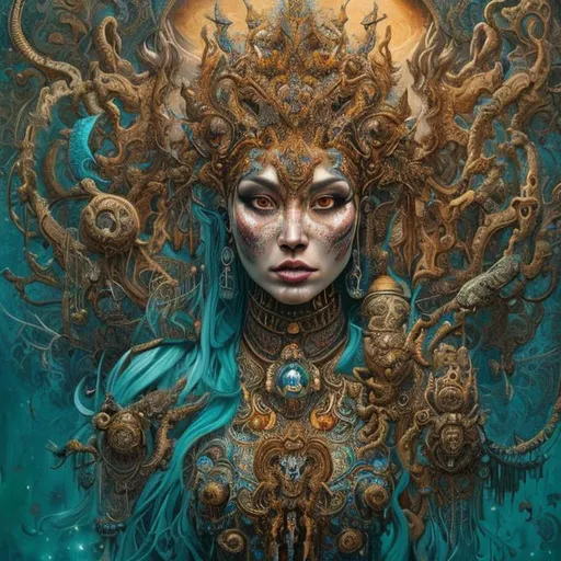 Prompt: Insanely detailed oil painting of an elaborate and enigmatic "animal queen woman" with "enlightened heart" ; an intricate and hyperdetailed painting by Ismail Inceoglu, Huang Guangjian, Steven DaLuz and Dan Witz; fantasy art, fine art, sun rays,  2 suns in the sky, sienna, turquoise, gold, shimmering stars all around, beautiful woman with long sparkling flowing braided hair, standing before the pyramids of giza, rings of saturn surrounding her; visual embodiment of emotionally and psychological enlightment and love