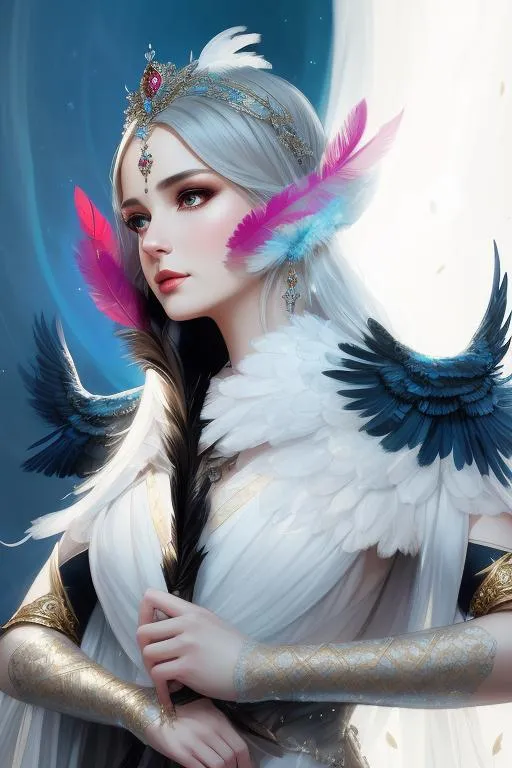 An ethereal bird queen, perfectly illuminated, weari...