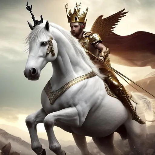 Prompt: A 33 year old man with a bow and a crown on a white horse. He went out to conquering and to conquer. photorealistic.