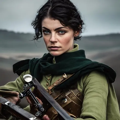 Prompt: female medieval soldier duelist, short black hair and green eyes beautiful young
