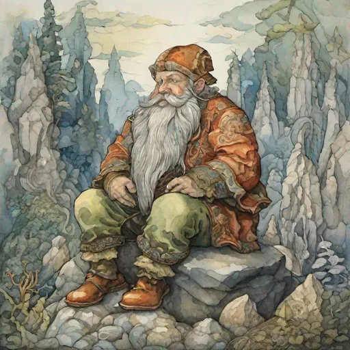 Prompt: painting of a dwarf sitting on a stone in the style of Ivan Bilibin, Ernst Haeckel, Daniel Merriam, watercolor and ink