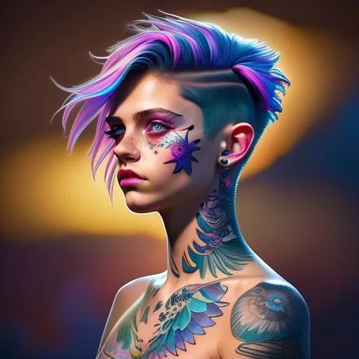 Prompt: ((best quality)), ((masterpiece)), ((realistic)), (detailed), cute woman, sfw, rocker girl, detailed background, bioluminescent tattoos, nose ring, Short pixie with straight hair and undercut, big blue eyes, (looking at viewer:1. 2), (high angle shot:1. 3), colorful tattoos, blue and pink hair, detailed background, in the night city, portrait, smiling, seductive look, night, close up face shot, soft lights, 8k, realistic, 105mm, bokeh, raytracing, focus face, splash page, tonemapping, trending on artstation, deviantart, digital art, ray tracing