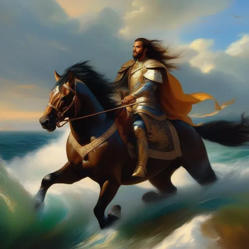 Prompt: (masterpiece, professional oil painting, epic digital art, best quality), D&D, a Chimera (((A Lion, Horse and Whale fusion))) being ridden by an unseen warrior, traveling across an open ocean,