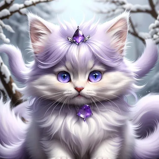 Prompt: (masterpiece, professional oil painting, epic digital art, best quality:1.5), tiny ((kitten)), ice elemental, silky silver-lilac fur covered in frost, timid, ((insanely detailed alert amethyst eyes, sharp focus eyes)), gorgeous 8k eyes, fluffy silver neck ruff covered in frost, two tails, (plump), extremely beautiful, fluffy chest, enchanted, magical, finely detailed fur, hyper detailed fur, (soft silky insanely detailed fur), presenting magical jewel, moonlight beaming, starry sky, frolicking in frosted meadow, grassy field covered in frost, cool colors, professional, symmetric, golden ratio, unreal engine, depth, volumetric lighting, rich oil medium, (brilliant auroras), (ice storm), full body focus, beautifully detailed background, cinematic, 64K, UHD, intricate detail, high quality, high detail, masterpiece, intricate facial detail, high quality, detailed face, intricate quality, intricate eye detail, highly detailed, high resolution scan, intricate detailed, highly detailed face, very detailed, high resolution