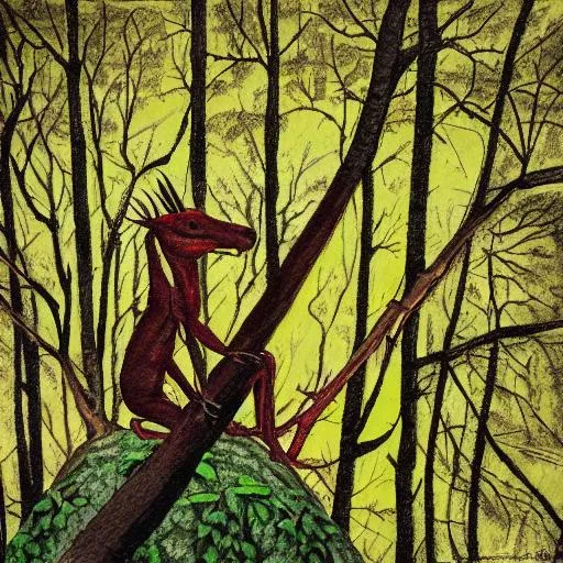 Prompt: Jersey Devil in Forest- Watching Campers from top of a tree-Realistic Art
