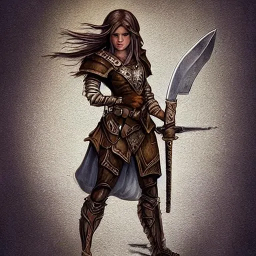 Prompt: Detailed Dungeons and dragons fantasy playful Three foot round faced female carrying a sword . Brown hair and brown eyes. Wearing armor that is embossed Detailed face
Illustration drawing color
