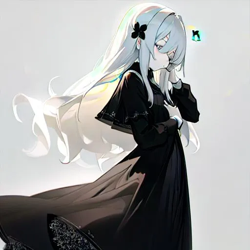 Prompt: A young girl who is very thin and very pale. She has long white/grey hair. covering one of her eyes.  She has a daisy in her hair on the other side.  She is wearing a long black priestlike dress