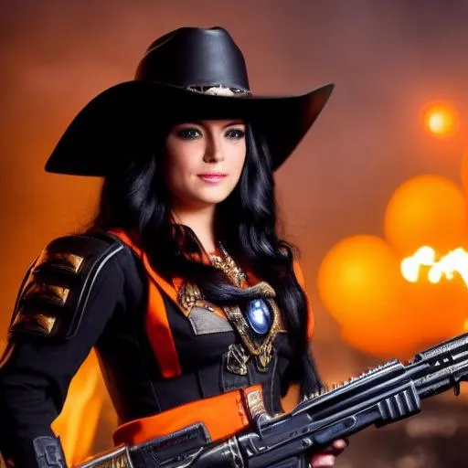 Prompt: Warhammer 40k, Cowboy hat, Female Gunslinger with twin revolvers in her hands, Rogue Trader, Long hair, Black Hair, Space, orange eyes, Bayonetta, Striking Scorpion Armour