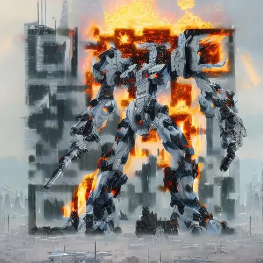 Prompt: masterpiece, best quality, mecha, no humans, black armor, blue eyes, science fiction, fire, laser canon beam, war, conflict, destroyed city background