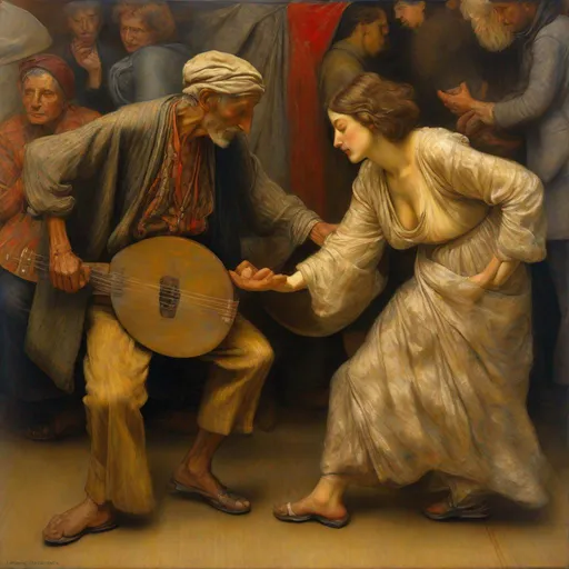 Prompt: beggar and homeless dancing in enigmatic trance : : oleo sobre tabla painted by annie Swynnerton, lucien freud,  hans unger, balthus, medieval masterpiece. 8k, cool disposition, hipnotic