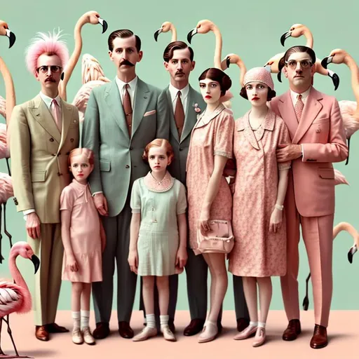 Prompt: Cinematic hyperrealistic family portrait. Wes Anderson style. 1920's vibe. Pastel colours. Surrealism background of flamingos