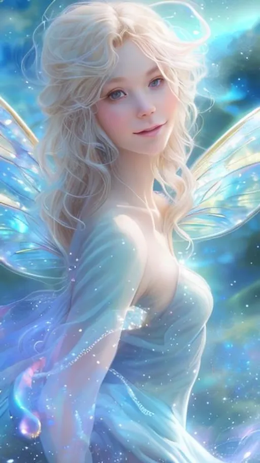 Prompt: Zoom in Portrait Very beautiful air faerie, Sylph (Masterpiece), Closed eyes and gentle smile, group of butterflies, wavy opalblonde hair in the wind, (Masterpiece), fantastic sunlight, gentle white clouds, very beautiful woman, fantasy, beautiful dancing pose, fantastic sky background, realistic butterflies, constellation-like design Dress, in the sky Shining opalblonde hair, cinematic light, beautiful woman, beautiful eyes, long hair, perfect anatomy, very pretty, princess eyes, fantastic, stylised animation, bioluminescent, life size, 32K resolution, human hands, mysterious shape, graceful, almost perfect, dynamic angles, highly detailed, figure sheet, concept Art, smooth, symmetrical, balanced placement, fashion pose, 20s beauty, great hair, overhead space