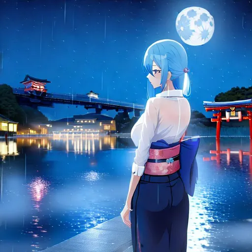 Prompt: Girl with blue hair , night, moon, anime, city, train, landscape photography, rain, blue, rill, japan, spirit away