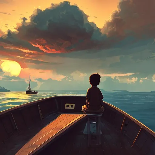 Prompt: a boy views a beautiful sunset atop a boat. Behind him is a passing violent storm. The boy lives in a barren and desolate world. He is alone except for a dog next to him. His lone companion.