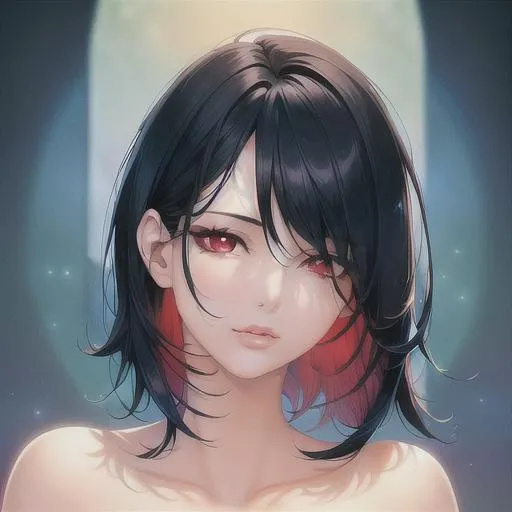 Prompt: (masterpiece, illustration, best quality:1.2), head titled sideways, in the ocean, short trimmed black hair, red eyes, best quality face, best quality, best quality skin, best quality eyes, best quality lips, ultra-detailed eyes, ultra-detailed hair, ultra-detailed, illustration, colorful, soft glow, 1 girl