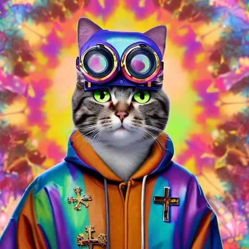 Prompt: An animated cat with colorful goggles on wearing a Catholic pope outfit with a kaleidoscope background