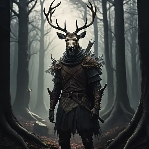 Prompt: Realistic deer man in forest, dark fantasy setting, dark souls inspired