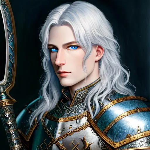 Prompt: medieval, fantasy, UHD, 8k, high quality, oil painting, Very detailed, detailed eyes, portrait of a humanoid dragon with pale skin and gray-blue eyes. He wears armor and wields a sword and shield