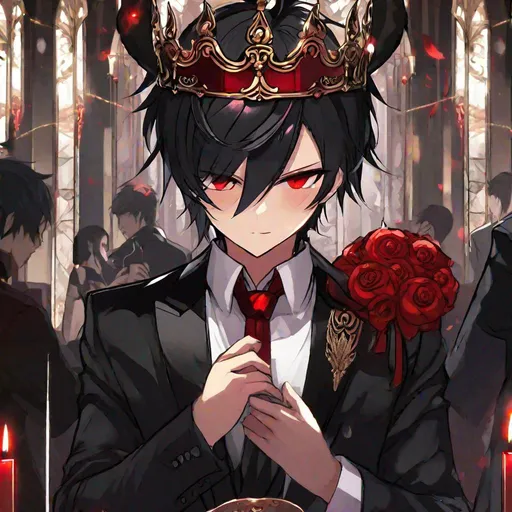 Prompt: Damien  (male, short black hair, red eyes) demon form, wearing a tuxedo, standing at the altar, biting his lip seductively, wearing a crown, holding a knife
