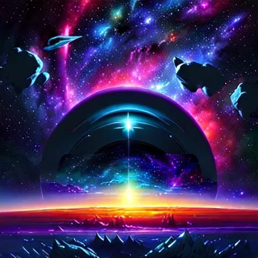 Prompt: Please produce a fantasy space artwork Fantastic planetscape looking down on a tundra. Space ships flying in the dark sky, nebula and stars in the background on the horizon with vibrant colors and effects. very pretty painting. 