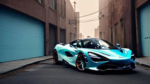 Prompt: McLaren 720s in light blue, in a dark forgotten trash filled alley way, no light coming in, with trash flying around, in the crack of dawn