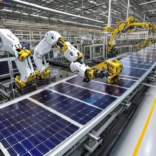 Prompt: robots working in a solar panel factory building