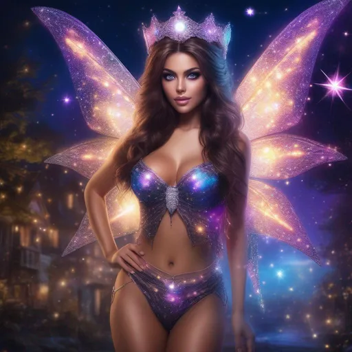 Prompt: A whole detailed body view of a stunningly beautiful, hyper realistic, buxom woman with incredible bright eyes wearing a sparkly, glowing, skimpy, sheer, fairy, witches outfit on a breathtaking night with stars and colors with glowing, detailed sprites flying about