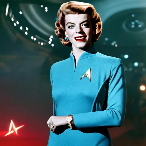 Prompt: A photographic portrait of Rosemary Clooney, wearing a Starfleet uniform, with a Star Trek background, in the style of the "Star Trek: The Wrath of Kahn."