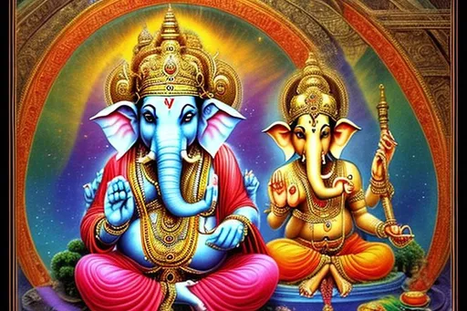 Prompt:  His samadhi is ageless. He is ageless. The light shining from his crowned head reveals the ancient worlds, twirling like a staircase. Endless dimensions pour out of his heart. Ganesha twirls a staff in the far background. Lakshmi swims through his eyes. Maharaja empties all attachments at his abandoned peace 