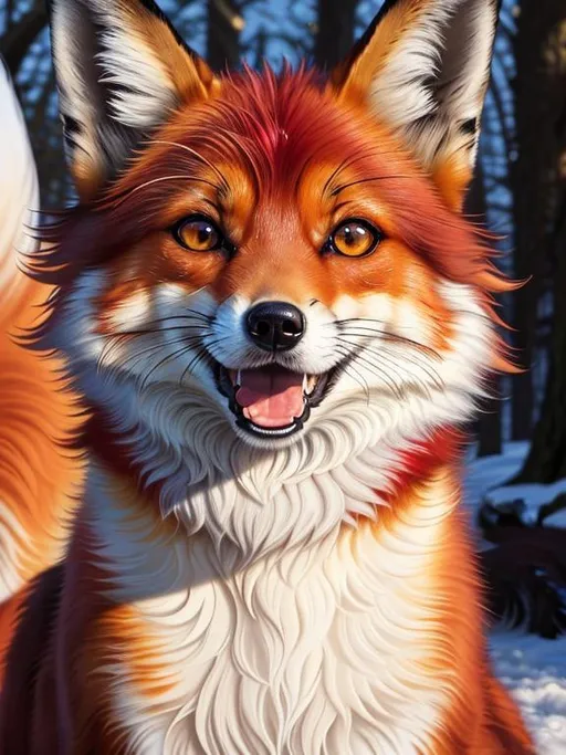 Prompt: remove text, (8k, masterpiece, oil painting, professional, UHD character, UHD background) Portrait of Vixey, Fox and Hound, close up, mid close up, brilliant glistening red fur, brilliant amber eyes, big sharp 8k eyes, sweetly peacefully smiling, (extremely beautiful), (open mouth, uv face, uwu face), detailed smiling face, alert, curious, surprised, cute fangs, extremely detailed eyes and face, enchanted snowy garden, vibrant flowers, vivid colors, lively colors, vibrant, high saturation colors, flower wreath, detailed smiling face, highly detailed fur, highly detailed eyes, highly detailed defined face, highly detailed defined furry legs, highly detailed background, full body focus, UHD, HDR, highly detailed, golden ratio, perfect composition, symmetric, 64k, Kentaro Miura, Yuino Chiri, intricate detail, intricately detailed face, intricate facial detail, highly detailed fur, intricately detailed mouth