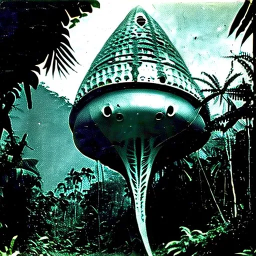 Prompt: Alien spaceship found inside the jungle in Indonesia circa 1960
Lost photograph
Creatures around the ship