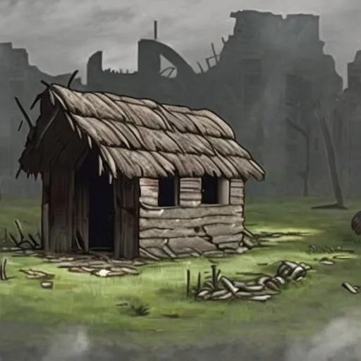 Prompt: A hut in a ruined world