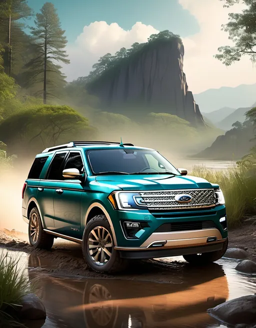 Prompt: (illustrative image of a teal Ford Expedition), robust offroad vehicle, spacious interior for eight, rugged exterior with Jeep-inspired elements, dynamic pose highlighting versatility, tires muddy from offroading, background featuring rugged terrain with lush greenery, warm sunlight illuminating the scene, adventurous atmosphere, high detail, ultra-detailed, HD, captivating composition emphasizing strength and capability.